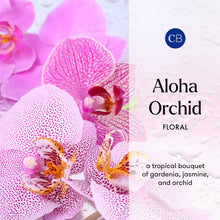 Pink orchid flowers with a brand logo and product description on a white background