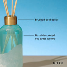 Teal diffuser bottle with gold collar and hand-decorated sea glass texture on a blue background.