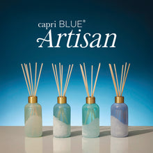 Four capri BLUE Artisan diffusers with bamboo sticks against a blue gradient background
