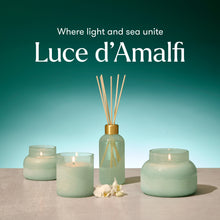 Luce d'Amalfi candles and diffuser with a teal background