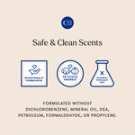 Product packaging with 'Safe & Clean Scents' branding and certification icons on a beige background.