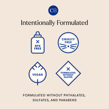 Certification logos for dye-free, cruelty-free, vegan, and gluten-free products on a beige background with CB logo.