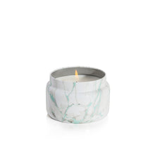 Coconut Santal Modern Marble Printed Travel Tin Candle, lit
