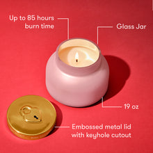 Pink candle in a glass jar with a gold lid on a red background, labeled for features.
