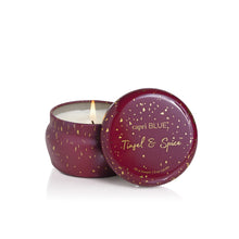 Tinsel & Spice Glimmer Mini Tin Candle, lit