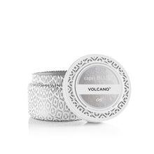 Volcano White Printed Travel Tin Candle, open lid