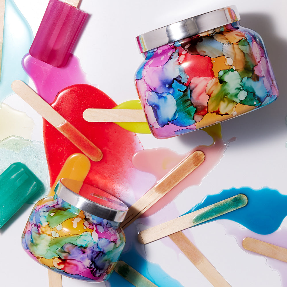 Rainbow Watercolor Jars with melted popiscle sticks