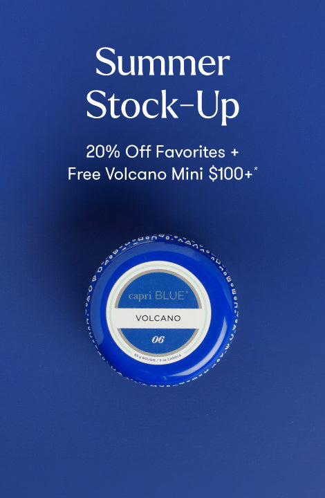Capri Blue Volcano mini on a blue background with promotional text.