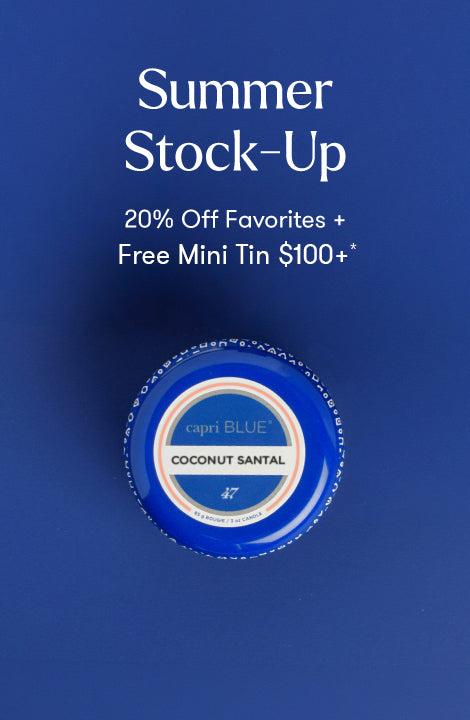 Blue capri BLUE coconut santal product on a blue background with promotional text.
