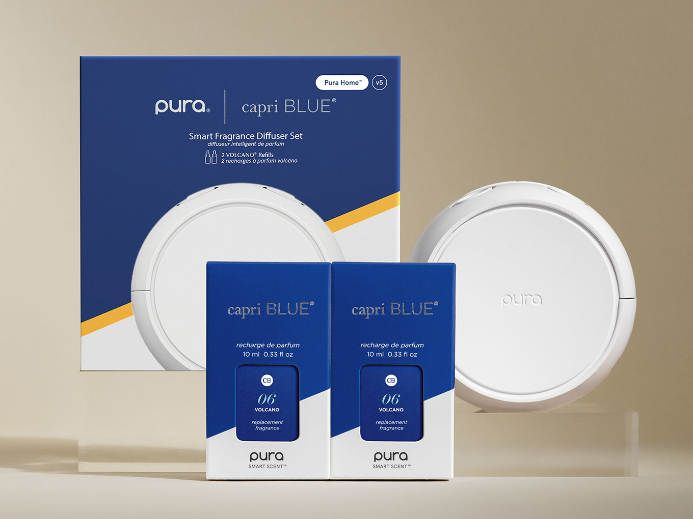 Pura capri BLUE smart fragrance diffuser set on a beige background