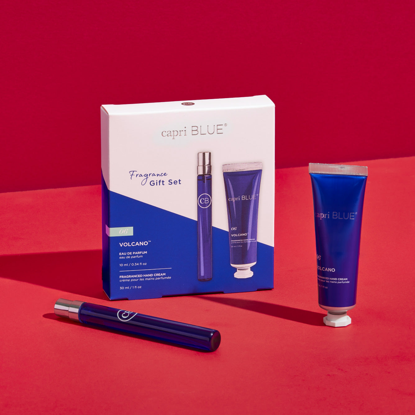 capri BLUE fragrance gift set on a red background