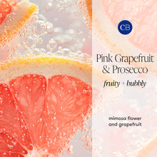 Pink grapefruit and prosecco with bubbles, featuring the brand 'CB'.