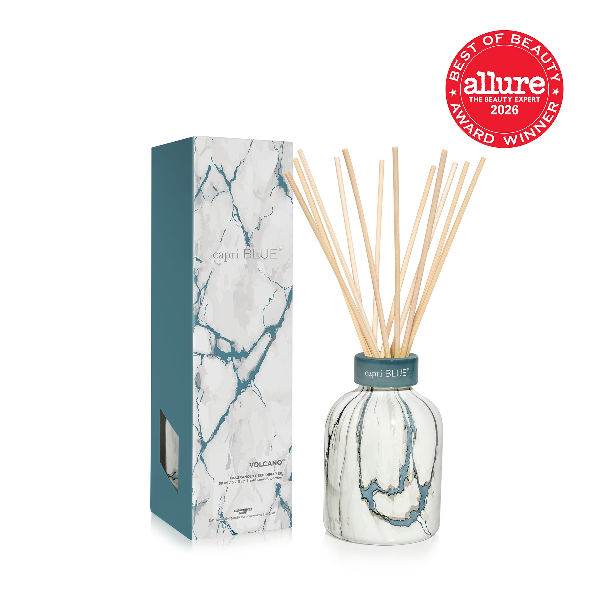 A reed diffuser set with a marble-patterned glass bottle, natural wooden reeds, and its matching box, alongside an Allure Best of Beauty 2026 Award seal.