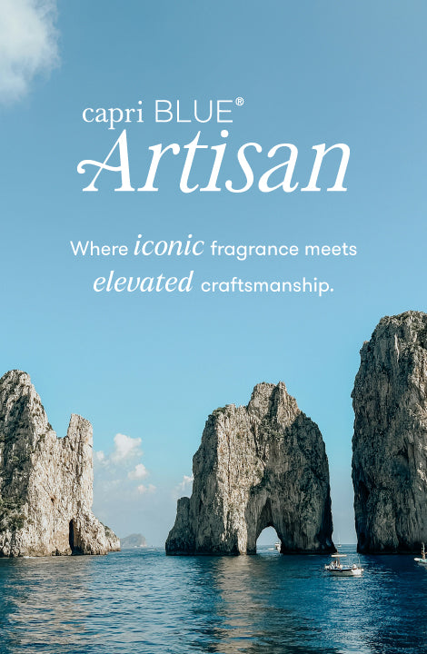 capri BLUE Artisan with scenic rock formations and blue sky.