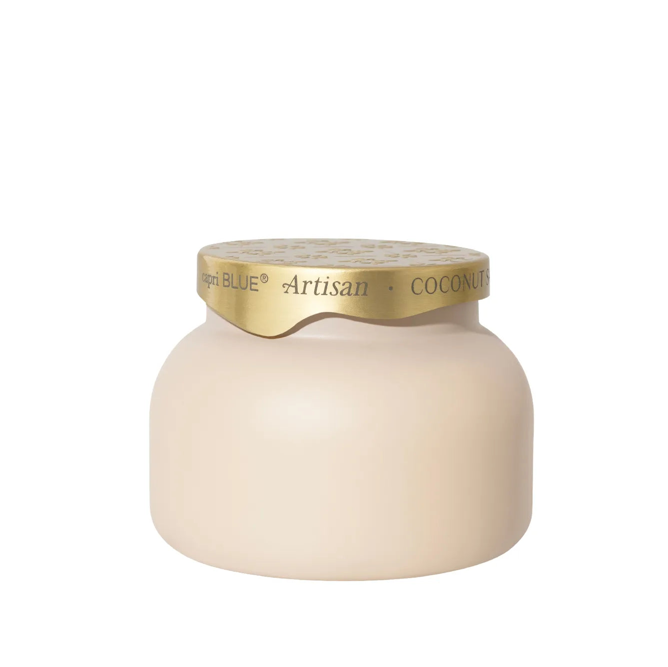 A beige candle jar with a metallic gold lid, featuring the text 'Artisan COCONUT SANTAL' on the gold band, set against a plain white background.