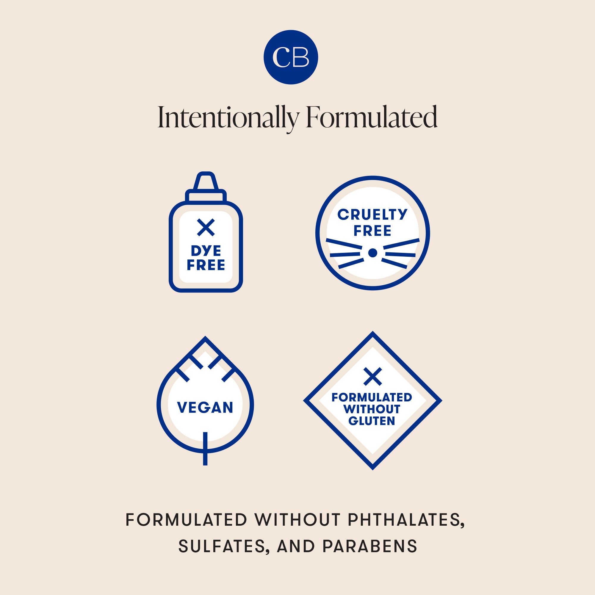 Intentionally formulated; dye free, cruelty free, vegan, formulated without gluten, phthalates, sulfates and parabens