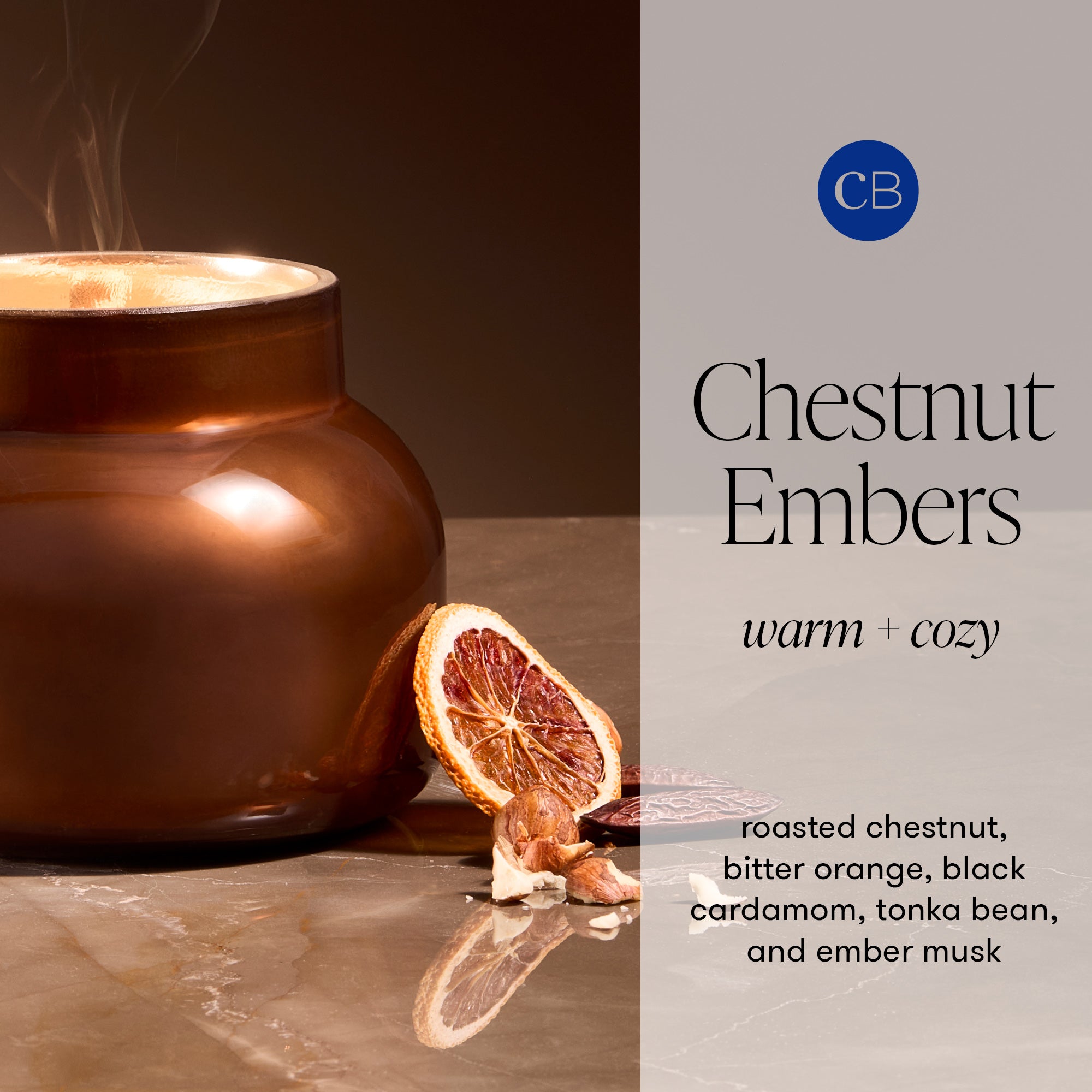 Chestnut Embers Autumn Glow Signature 19 oz candle with roasted chestnut, bitter orange and black cardamom