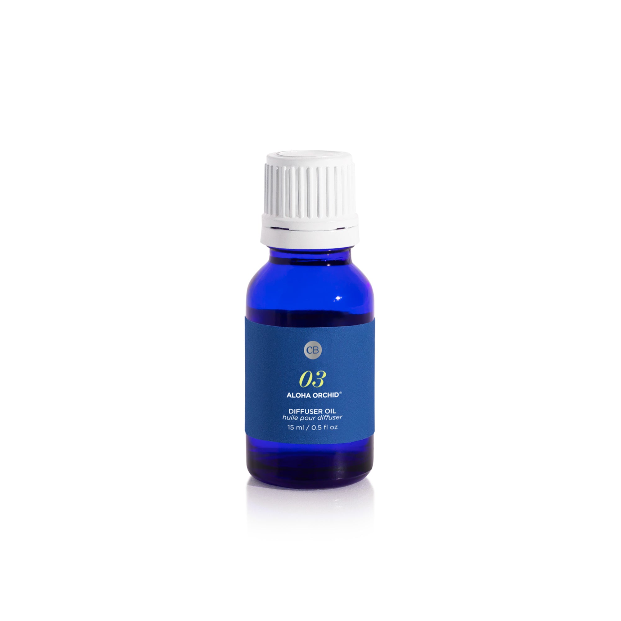 Blue diffuser oil bottle with white cap on a white background
