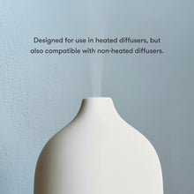 White diffuser bottle with text on a light blue background