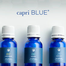 Three blue bottles with white caps on a light gray background, featuring the 'capri BLUE' brand.