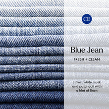 Stack of blue jeans with a white background and 'CB' logo.