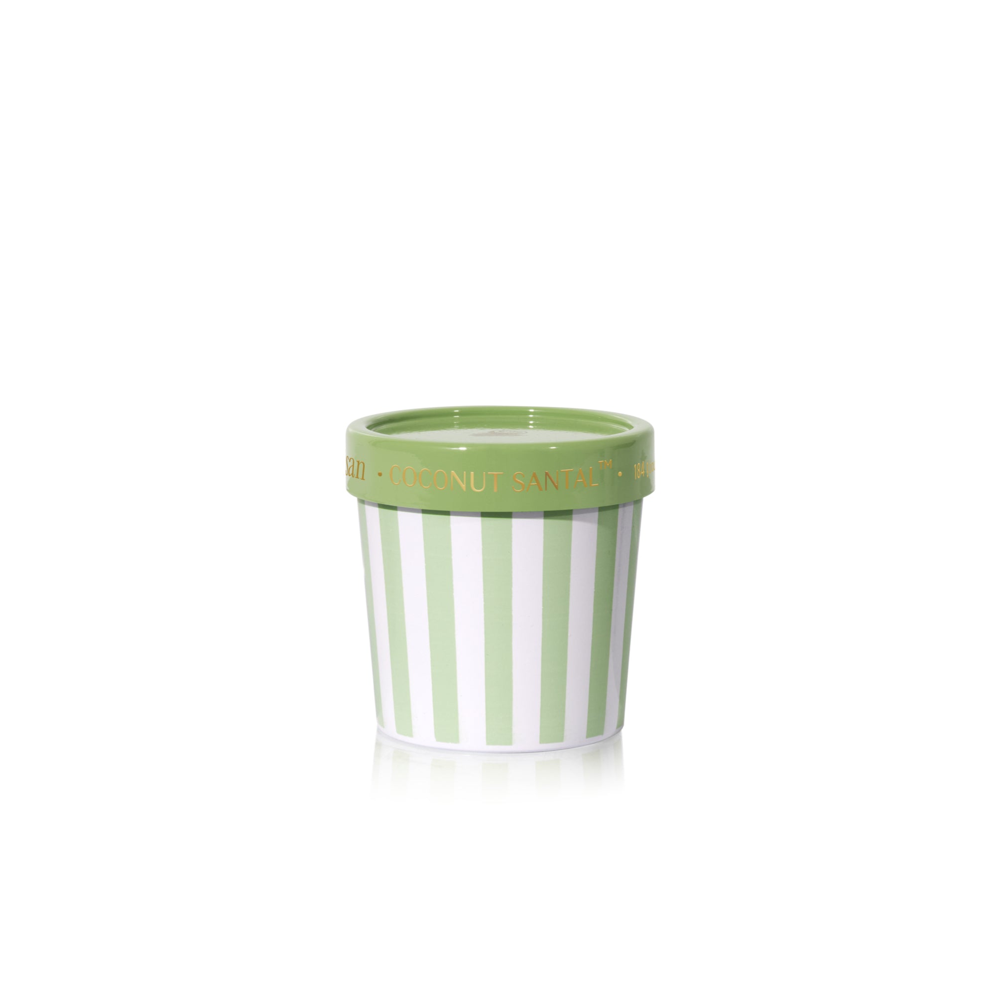 Striped pot with green rim on a white background