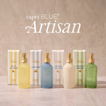 capri BLUE Artisan room spray bottles and boxes on a textured surface with 'capri BLUE Artisan' branding.