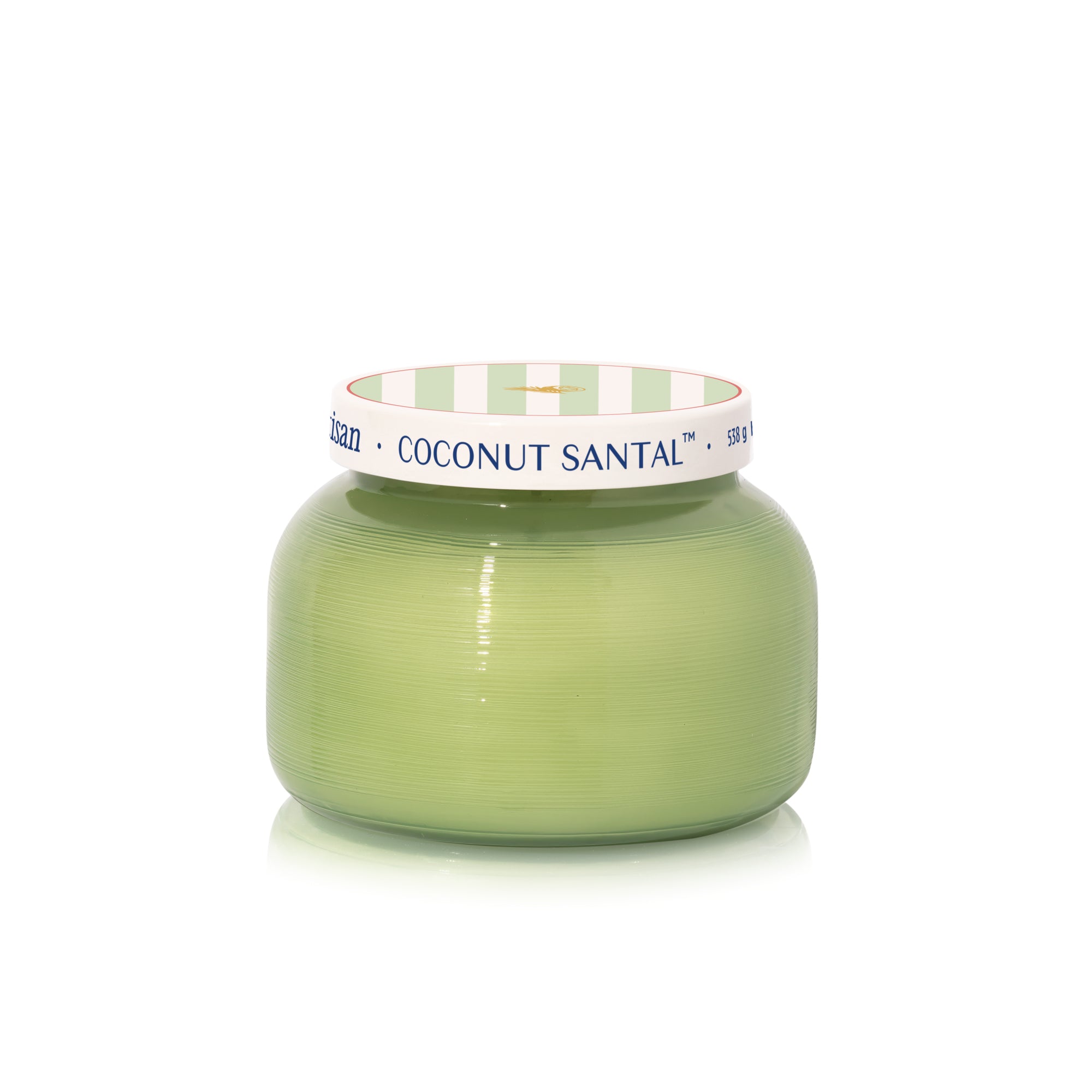 Green candle with a white and green striped lid on a white background