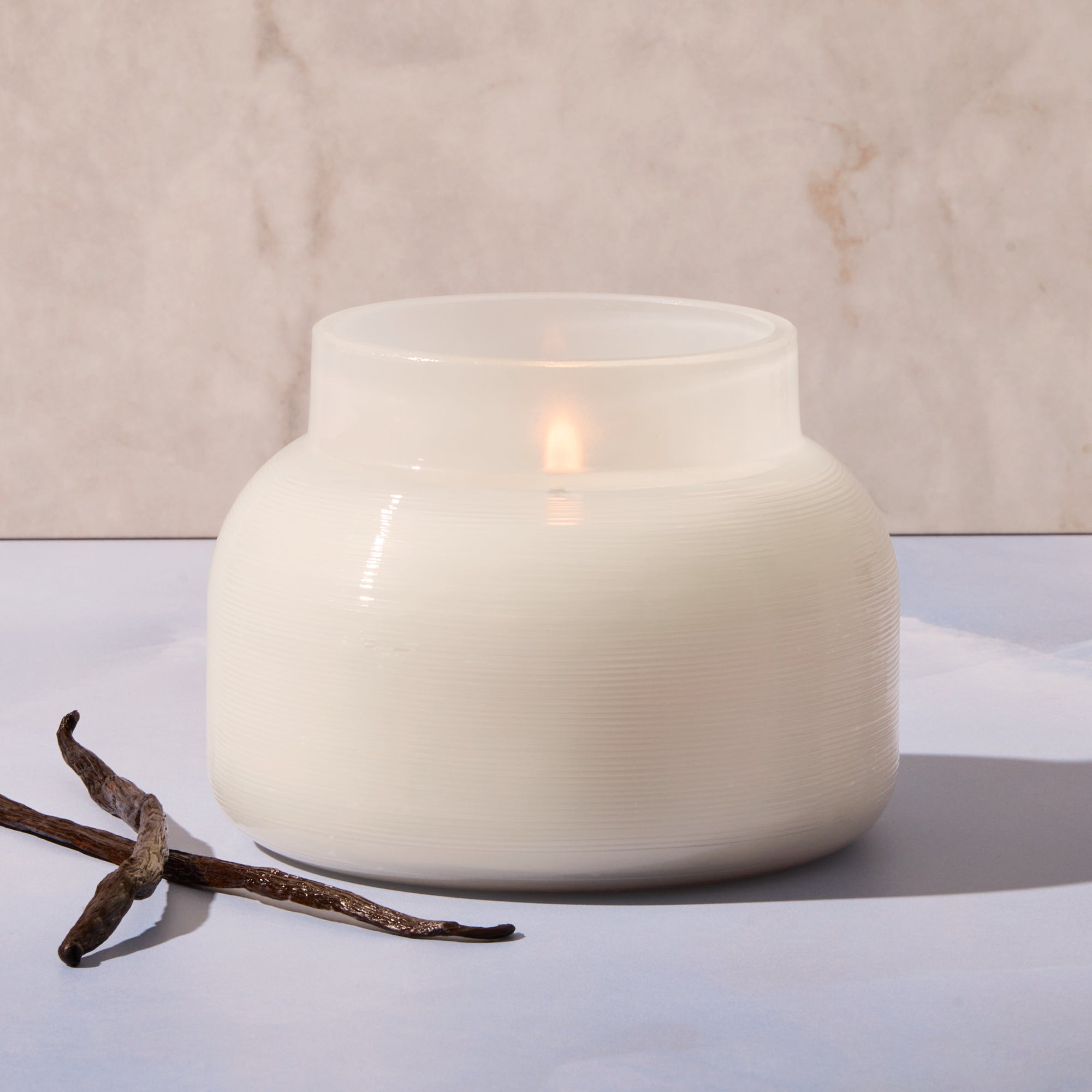 White candle in a textured jar with a branch on a light background