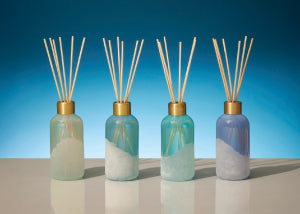 Four diffuser bottles with reeds against a blue background