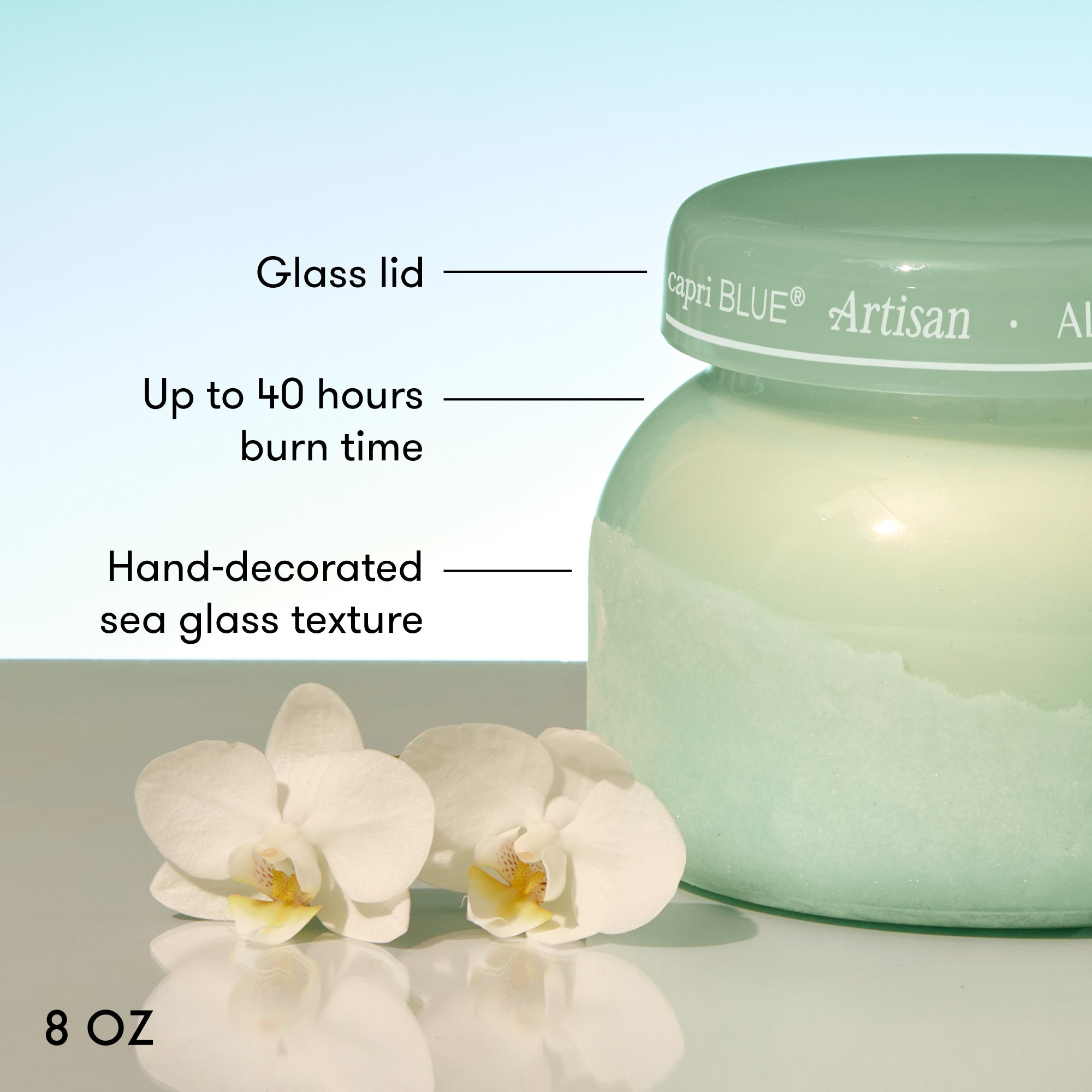 Capri Blue Artisan candle with features highlighted on a light background