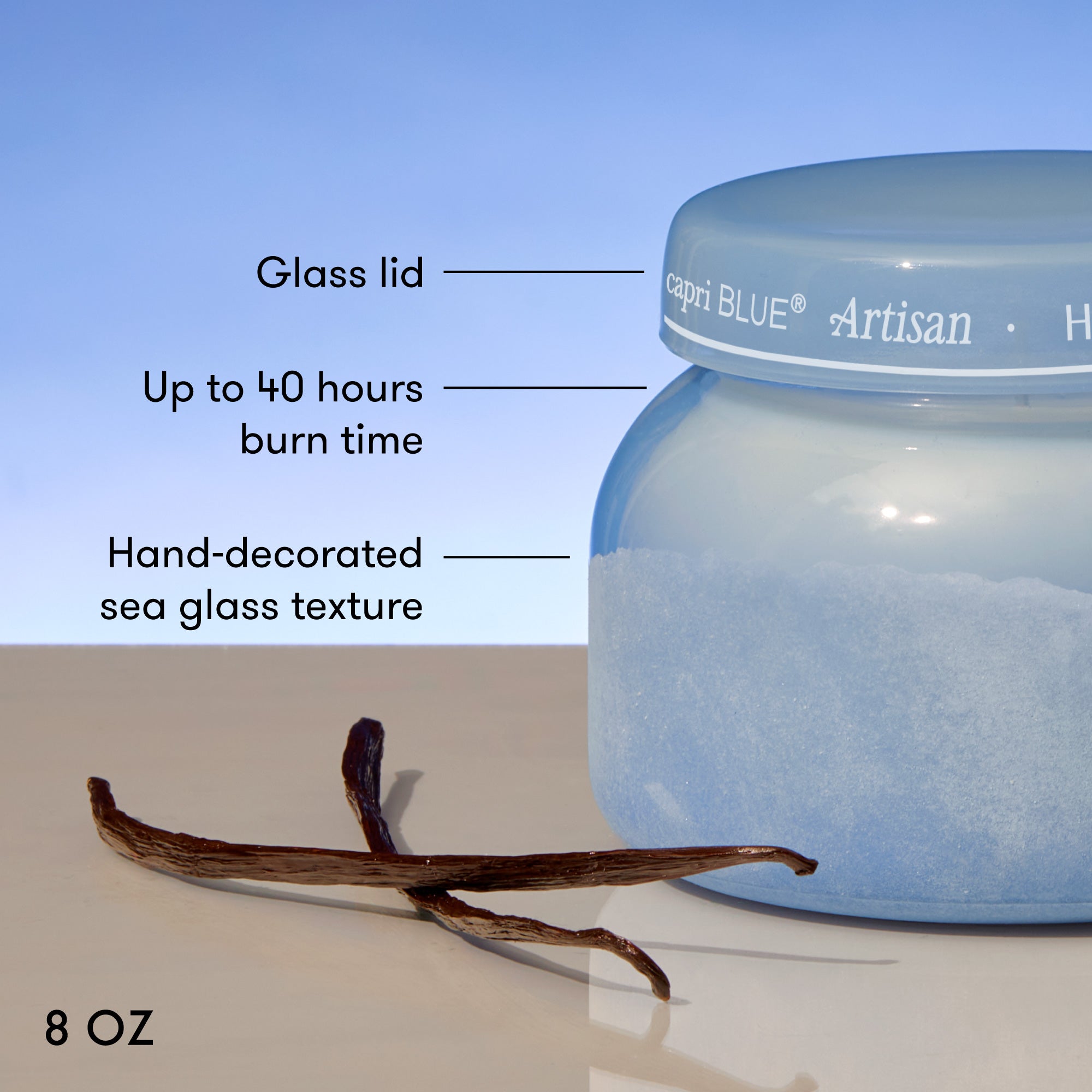 Blue candle jar with decorative elements and text on a blue background