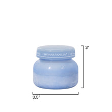 Blue jar with a white lid labeled 'Havana Vanilla' on a white background with measurements indicated.