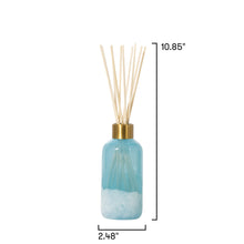 Blue diffuser bottle with wooden sticks and dimensions on a white background