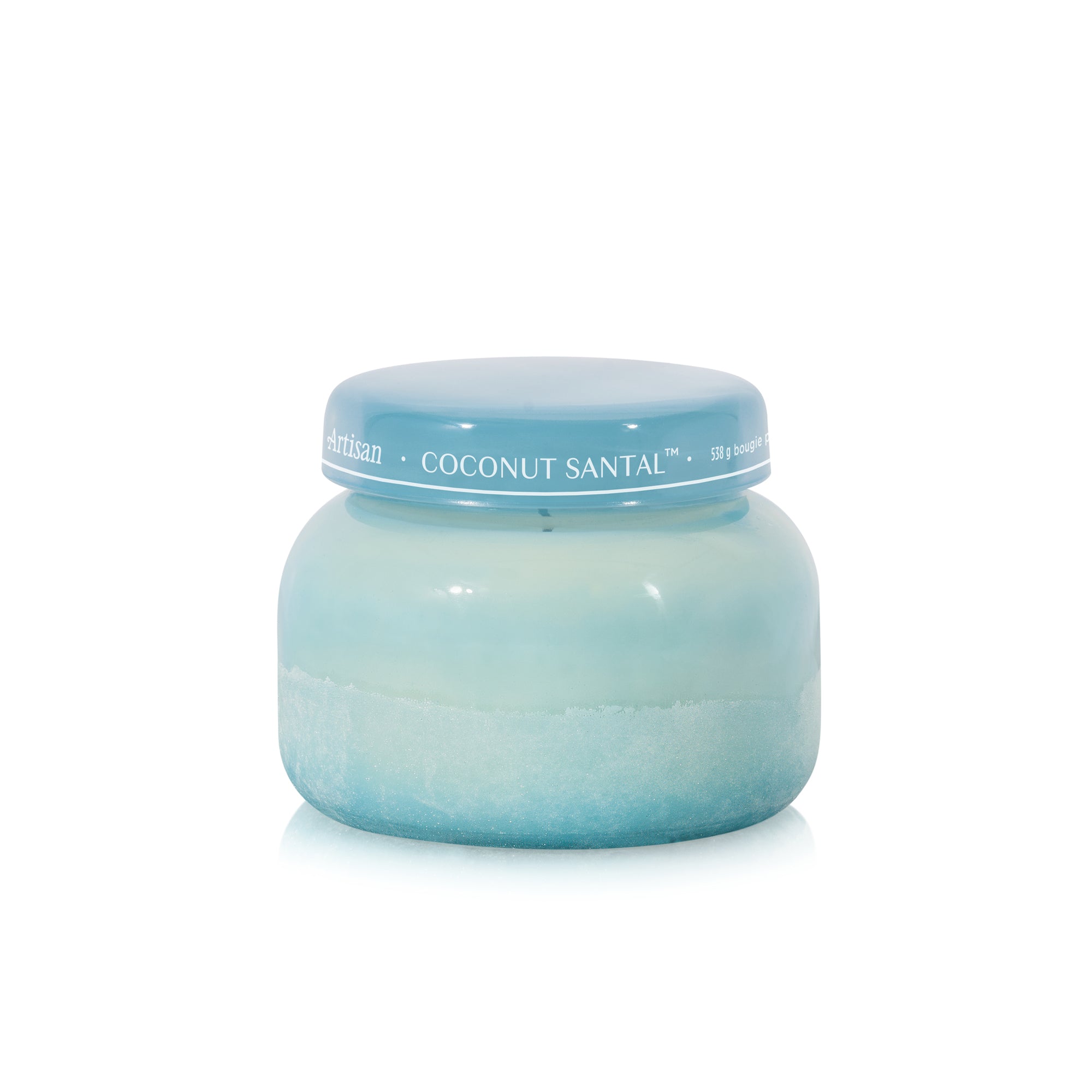 Jar of coconut santal product with a blue lid on a white background