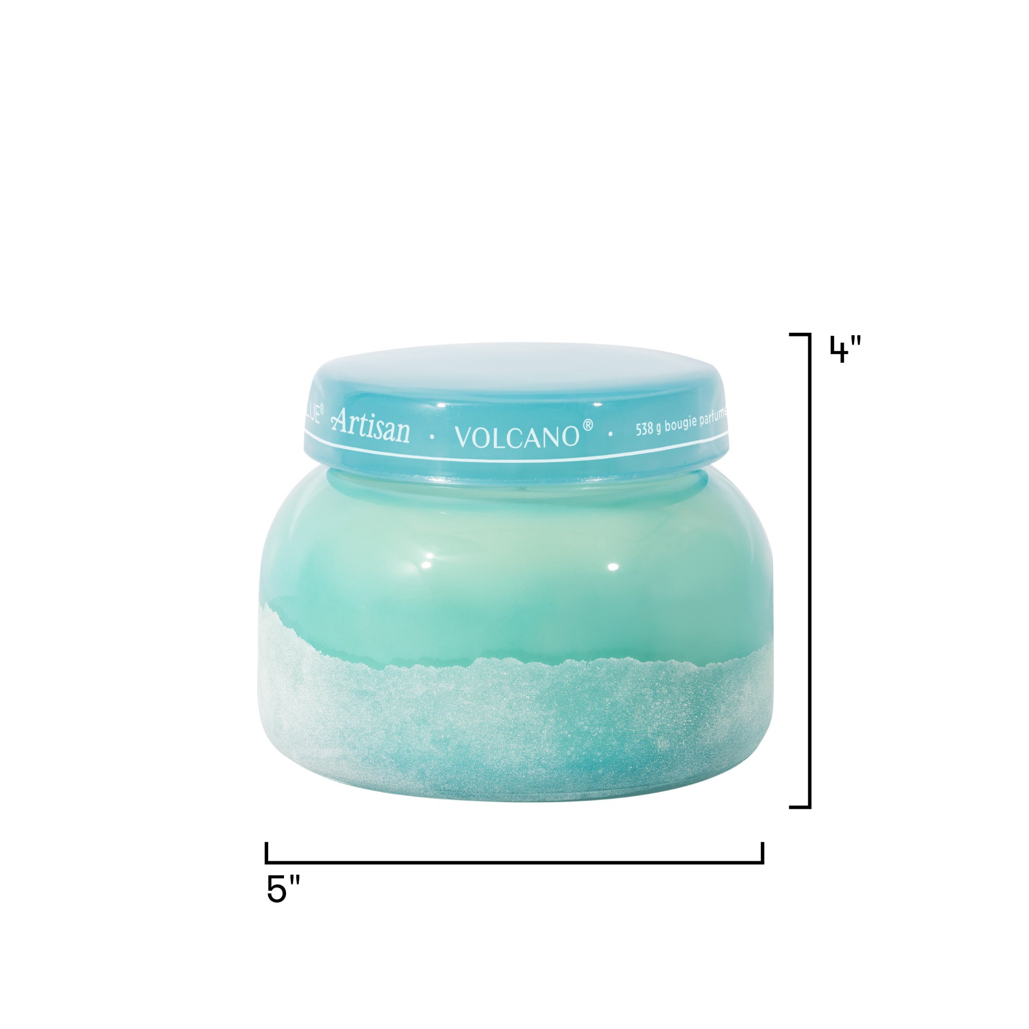 Turquoise-colored jar with a white label on a white background