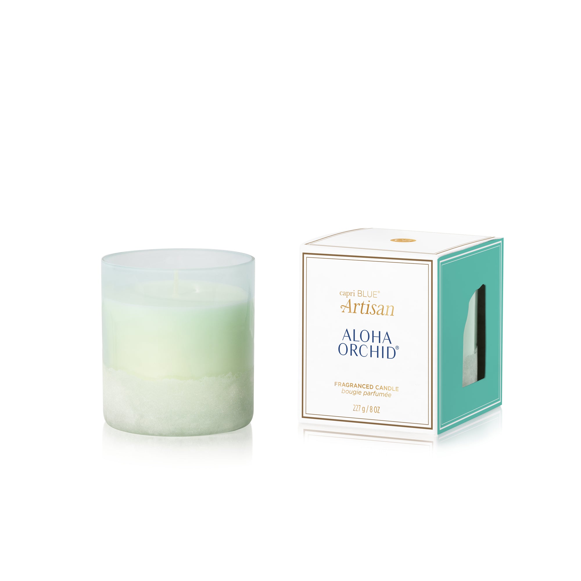 Candle with a gradient design and its packaging on a white background