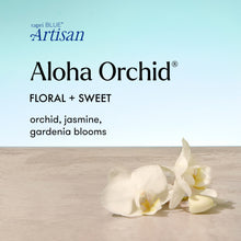 Advertisement for capri BLUE Artisan Aloha Orchid with white orchids on a light wooden surface.