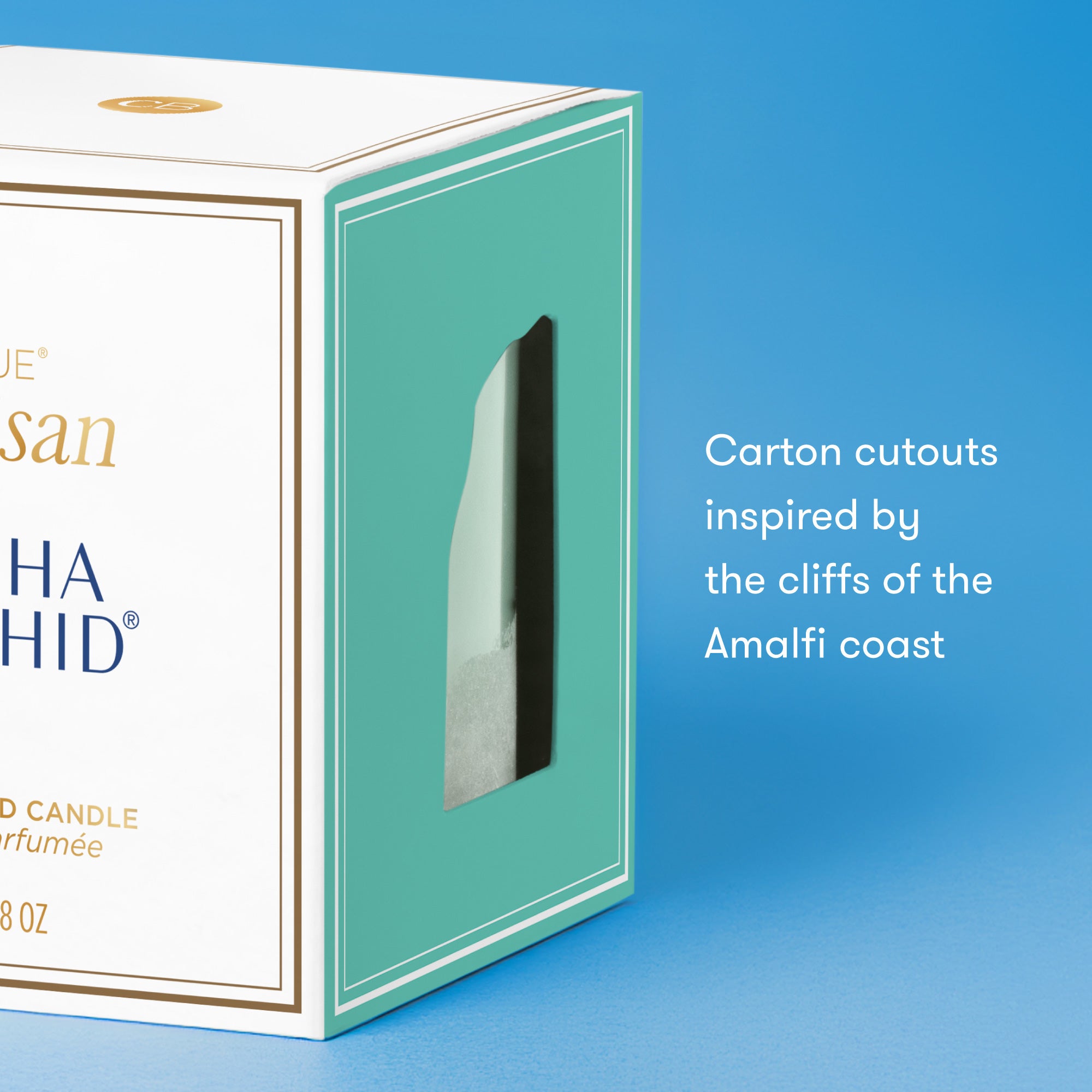 Artisan candle packaging with text on a blue background