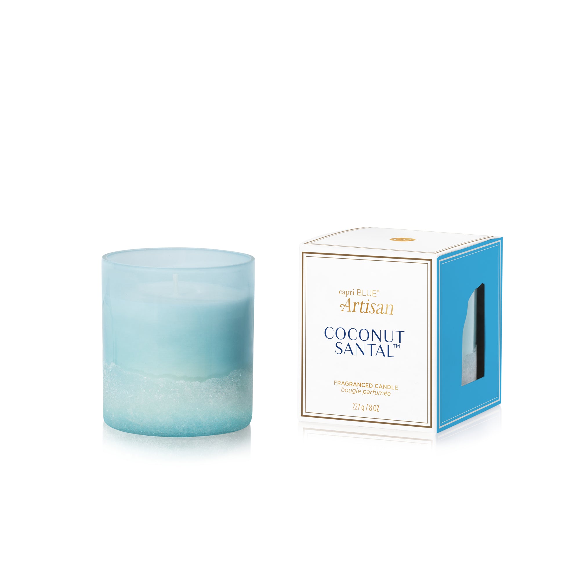 Coconut Santal candle with packaging on a white background