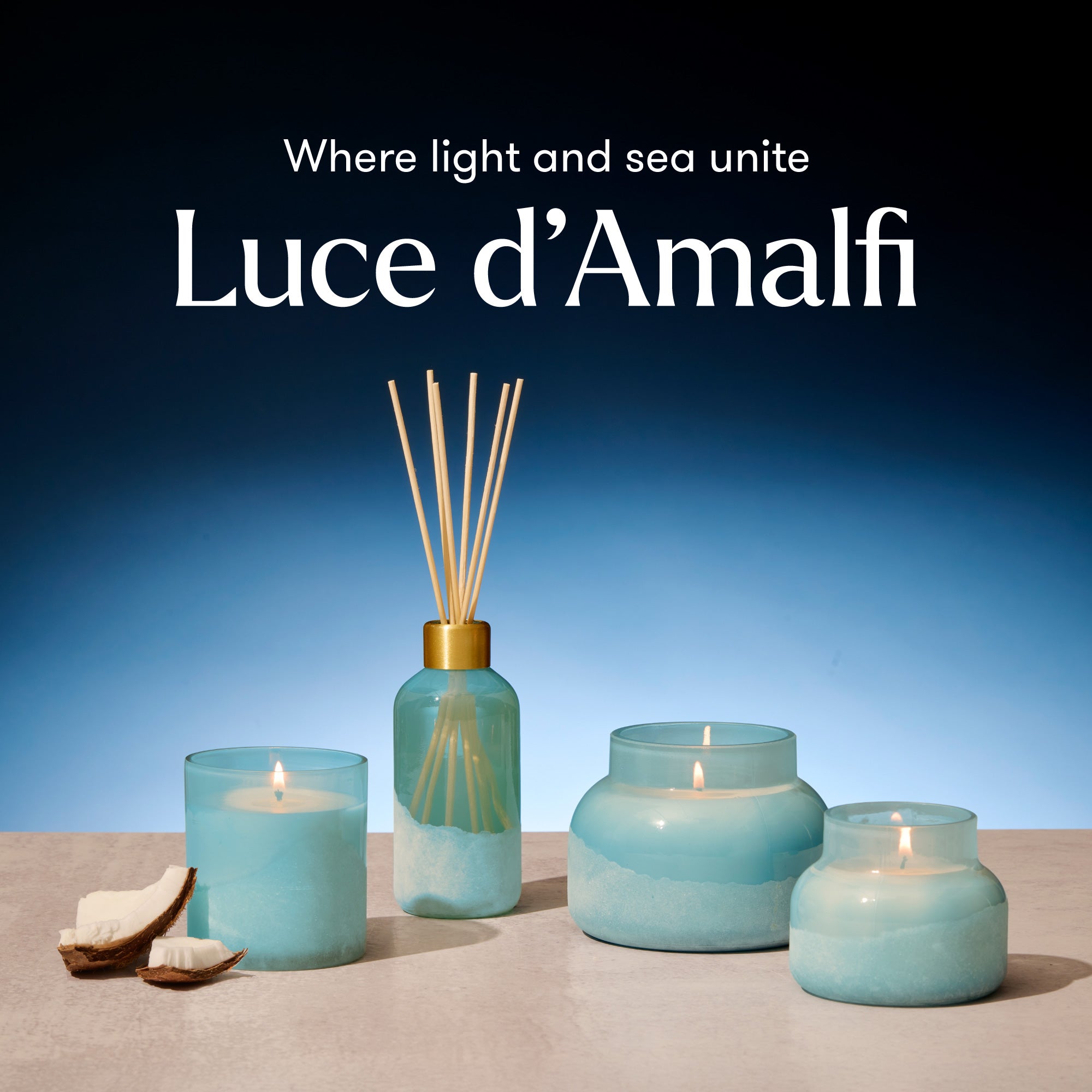 Luce d'Amalfi candles and diffuser with a blue gradient background