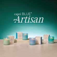 capri BLUE Artisan candles and boxes on a teal background