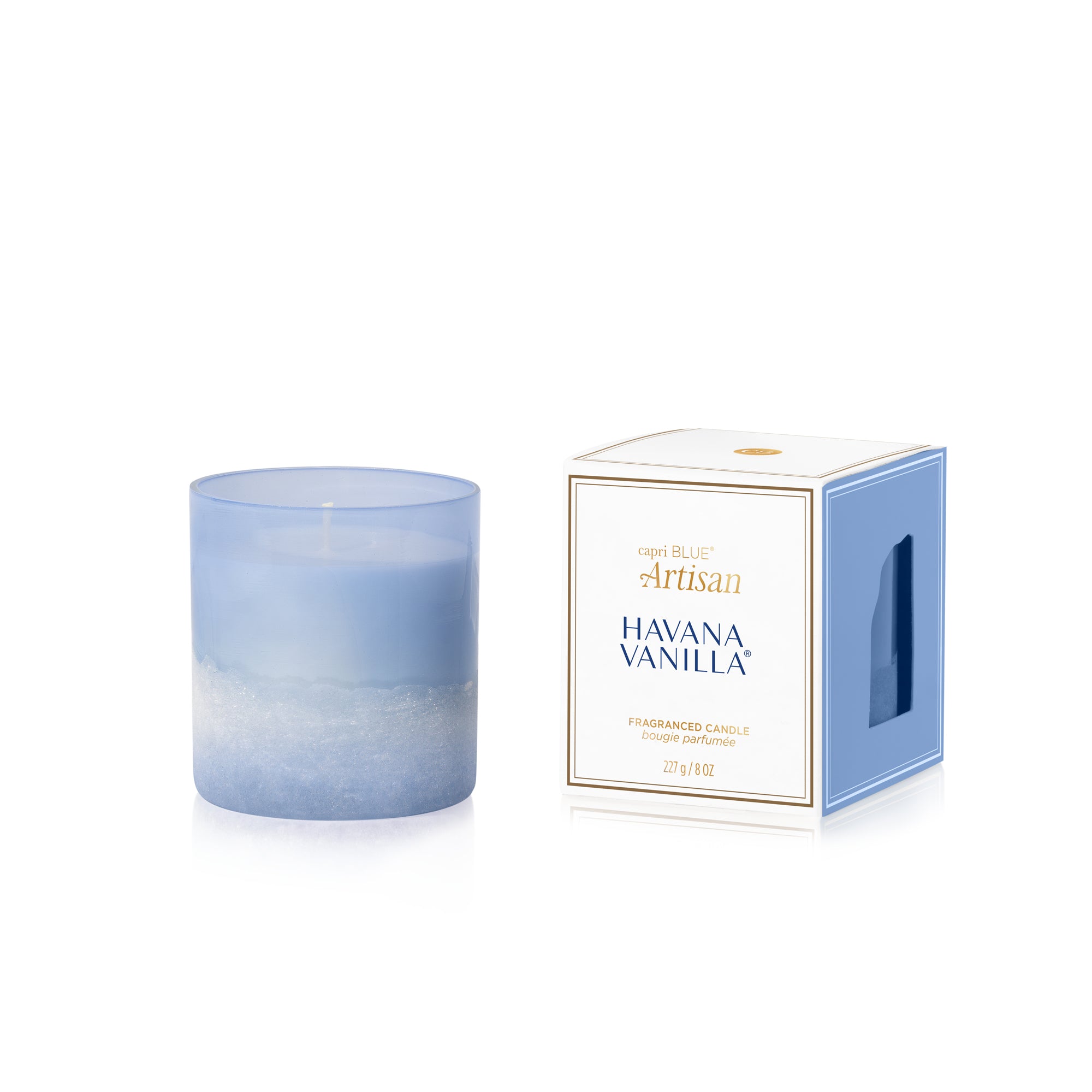 Blue candle with a matching box labeled 'Havana Vanilla' on a white background