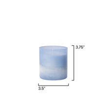 Blue candle with dimensions labeled on a white background