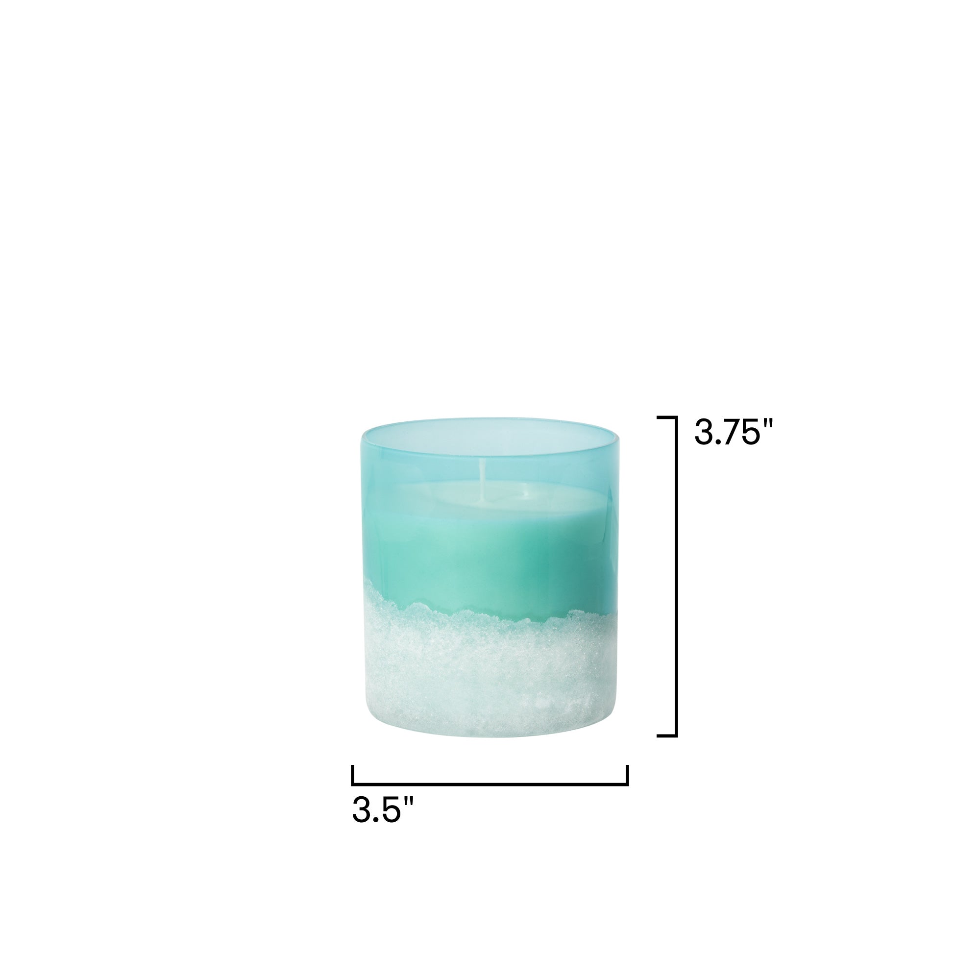 Teal candle with measurements on a white background