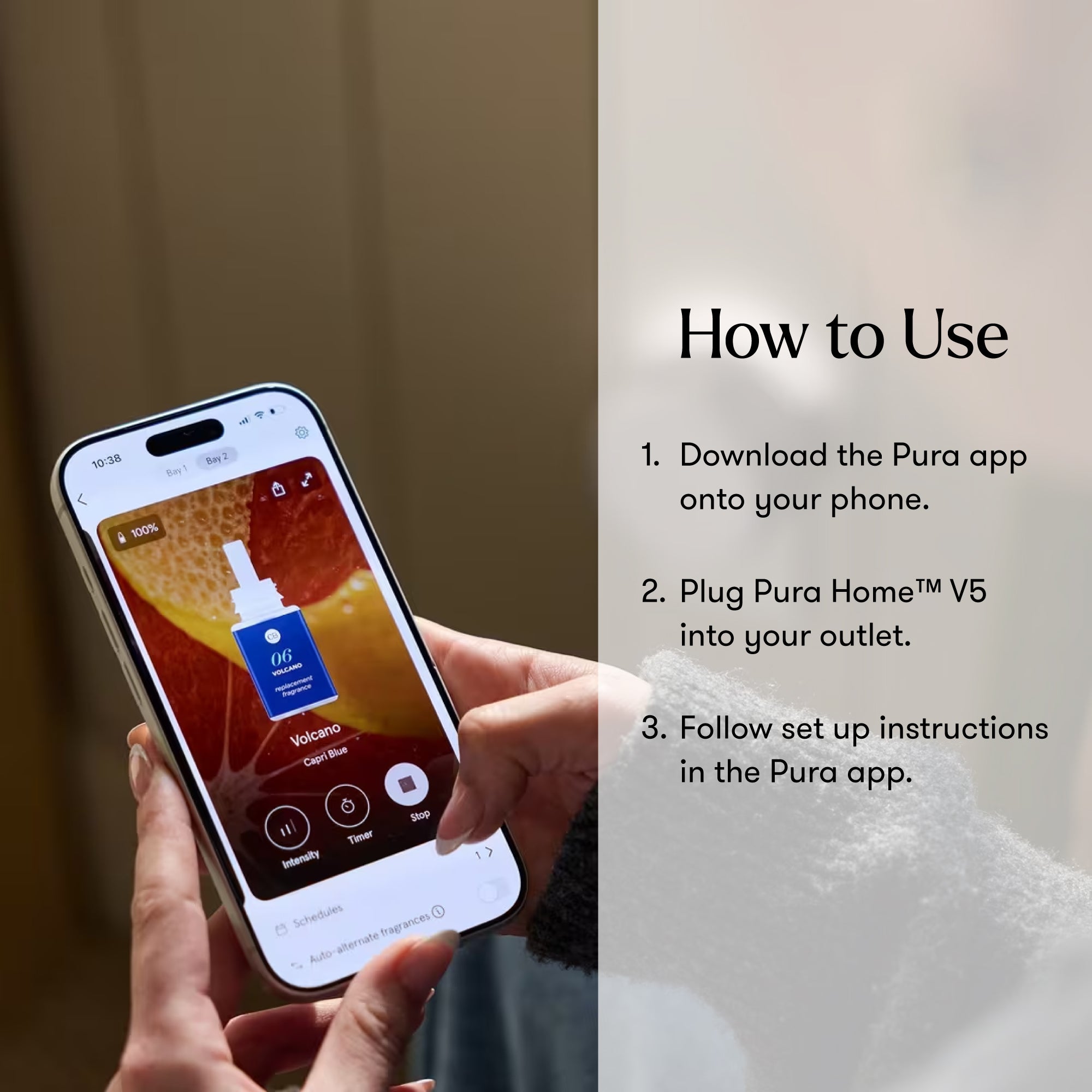 Hand holding a smartphone with Pura app interface, showing how to use the device.