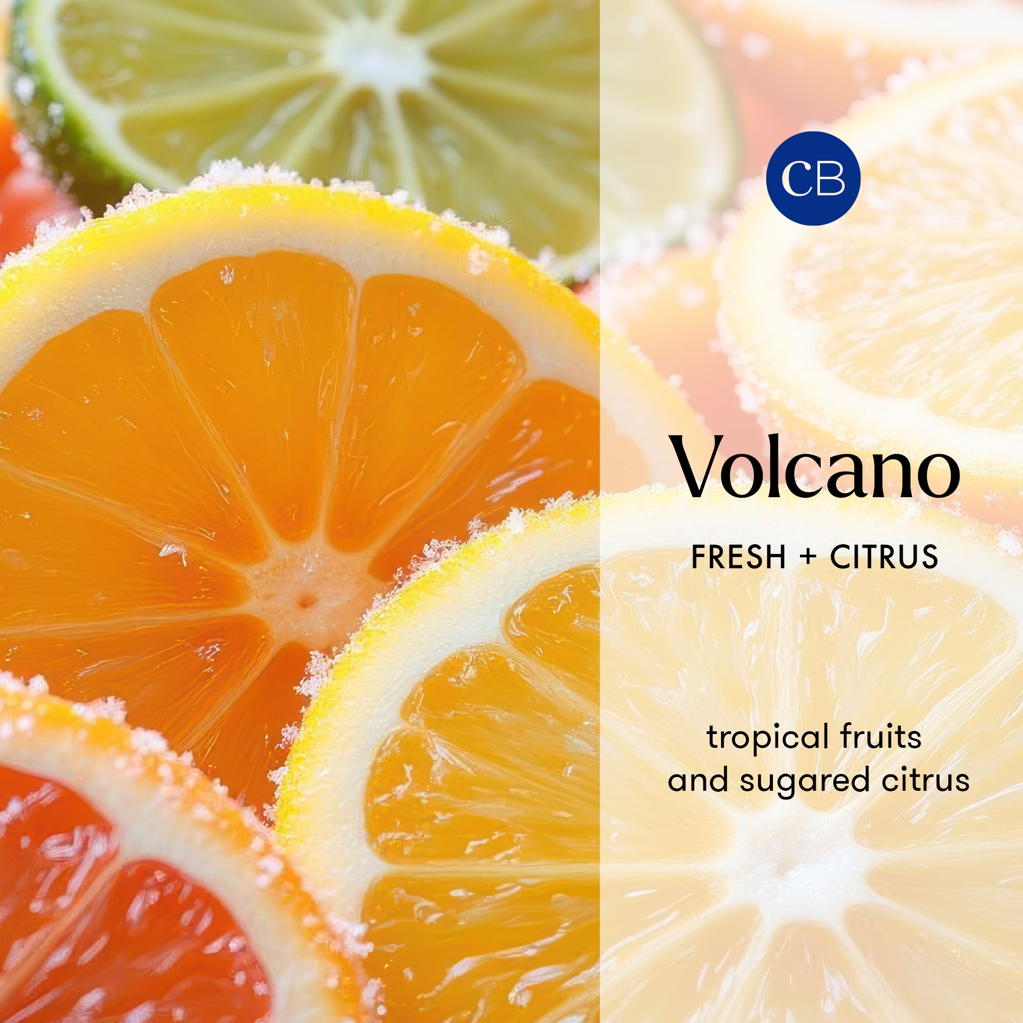 Close-up of sliced citrus fruits with 'CB Volcano' branding.