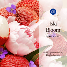 Close-up of lychees and flowers with 'Isla Bloom' branding.