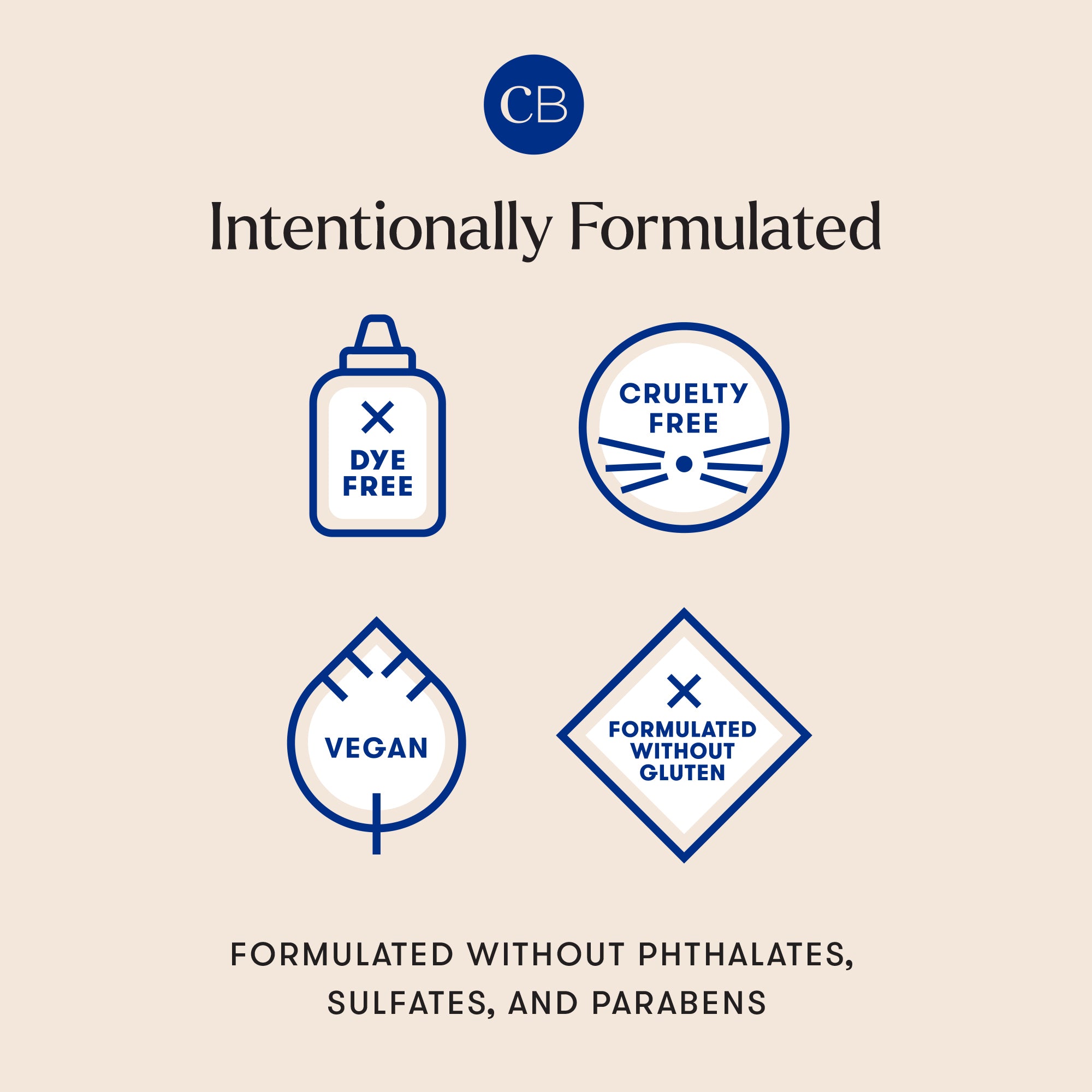 Certification logos for dye-free, cruelty-free, vegan, and gluten-free products on a beige background with CB logo.