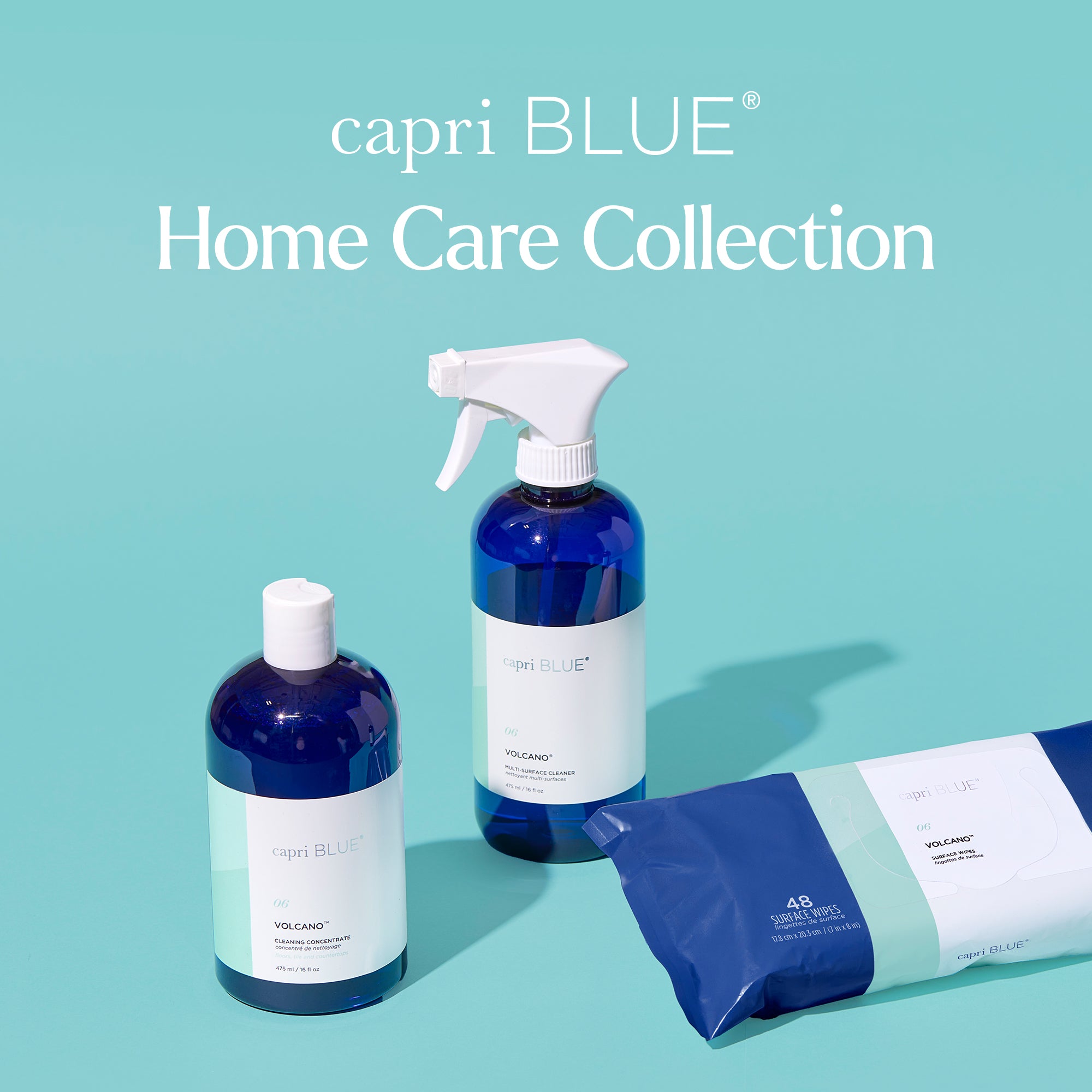 capri BLUE Home Care Collection with bottles and a package on a teal background